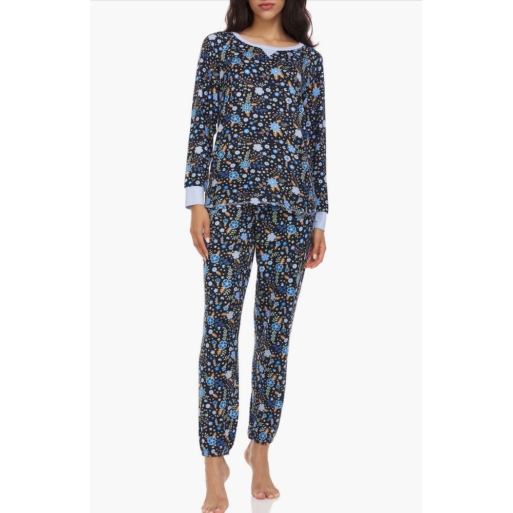 Flora Nikrooz Pajama Set Womens M Black Floral New Long Sleeve Jogger 2pc PJs